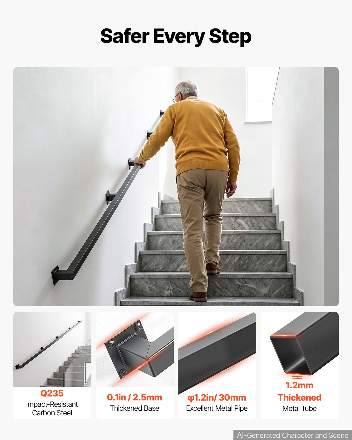 VEVOR Wall-Mounted Stair Handrail, 3657.6 mm 199.6 kg Black Metal Railing, for Indoor Steps, Loft, Porch & Hallways, Heavy-Duty Industrial Carbon Steel Hand Rail, Square Tube, with Mounting Hardware