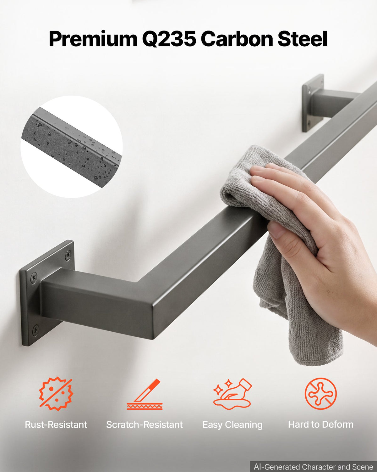 VEVOR Wall-Mounted Stair Handrail, 3657.6 mm 199.6 kg Black Metal Railing, for Indoor Steps, Loft, Porch & Hallways, Heavy-Duty Industrial Carbon Steel Hand Rail, Square Tube, with Mounting Hardware