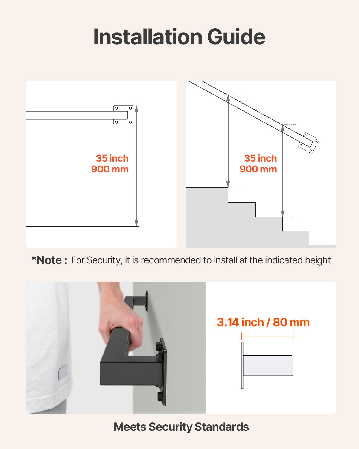 VEVOR Wall Mounted Stair Handrail, 910mm Black Iron Staircase Handrail Indoor, 113kg Load Capacity, Industrial Railing Hand Rail for Steps,  Square Tube for Loft Porch Deck, 2 Sections
