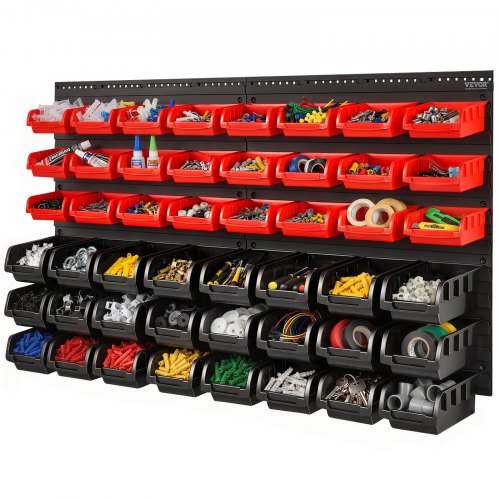 VEVOR Wall Mounted Storage Bins, 48-Bin Parts Rack Organizer Garage Plastic Shop Tool with Wall Panels, Tool Organizer for Nuts, Bolts, Screws, Nails, Beads, Buttons, Other Small Parts, Black and Red