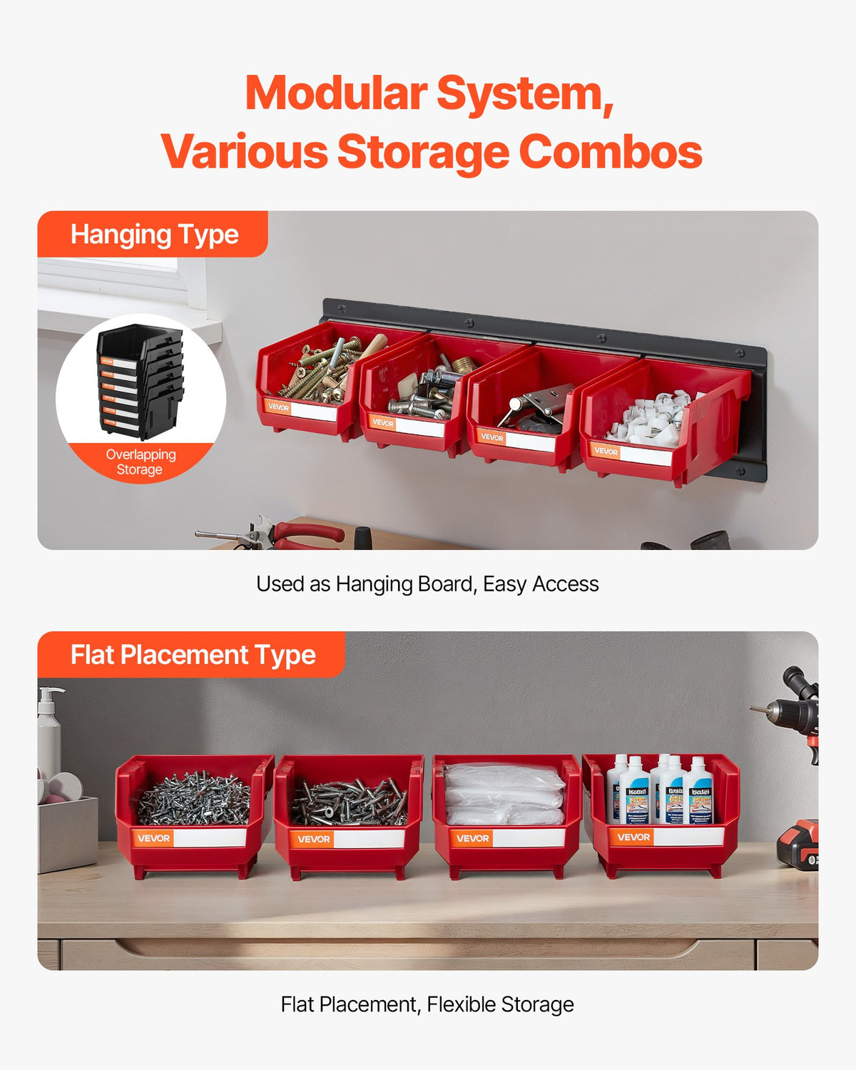 VEVOR Wall Mounted Storage Bins, 12 Plastic Bins & 3 Metal Rails, Plastic Hanging Stackable Storage Bin for Screws, Nuts, Bolts, Nails, Hardware Tool Organizer for Workshop, Craft Room, Garage, Red