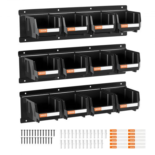 VEVOR Wall Mounted Storage Bins, 12 Plastic Bins & 3 Metal Rails, Plastic Hanging Stackable Storage Bin for Screws, Nuts, Bolts, Nails, Hardware Tool Organizer for Workshop, Craft Room, Garage, Black