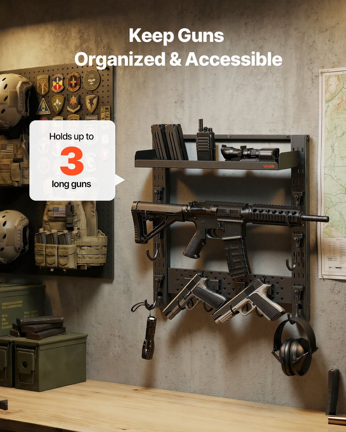 VEVOR Gun Rack Wall Mount, Heavy Duty Steel, Indoor Rifle Shotgun Rack with J-Hooks, Additional Tray Storage, Gun Accessories Display Storage Holder, Hold Up to 3 Rifles or Shotguns, for Tactical Gear