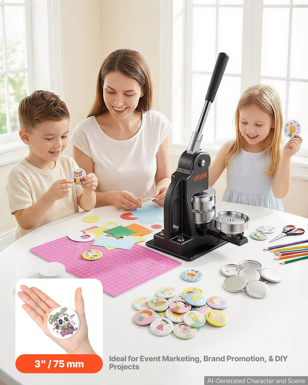 VEVOR Button Maker Machine 3" / 75mm Pin Maker 500pcs Button Parts Black, with Circle Cutter, Magic Book, and Hex Wrenches, Ergonomic Handle, for DIY Badges, Pins, Fridge Magnets and Key Chains