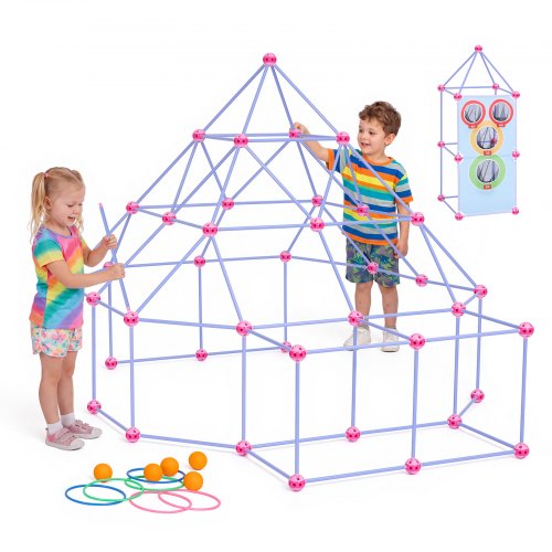 VEVOR Fort Building Kit for Kids, 140 PCS Creative STEM Construction Toys, for 4 5 6 7 8+ Year Old Boys Girls, Upgraded Balls, Ring & Ball Toss, Educational Activity, Indoor Outdoor Play, Storage Bag