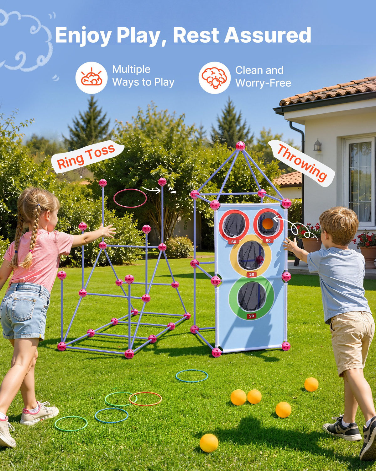 VEVOR Fort Building Kit for Kids, 225 PCS Creative STEM Construction Toys, for 4 5 6 7 8+ Year Old Boys Girls, Upgraded Balls, Ring & Ball Toss, Educational Activity, Indoor Outdoor Play, Storage Bag