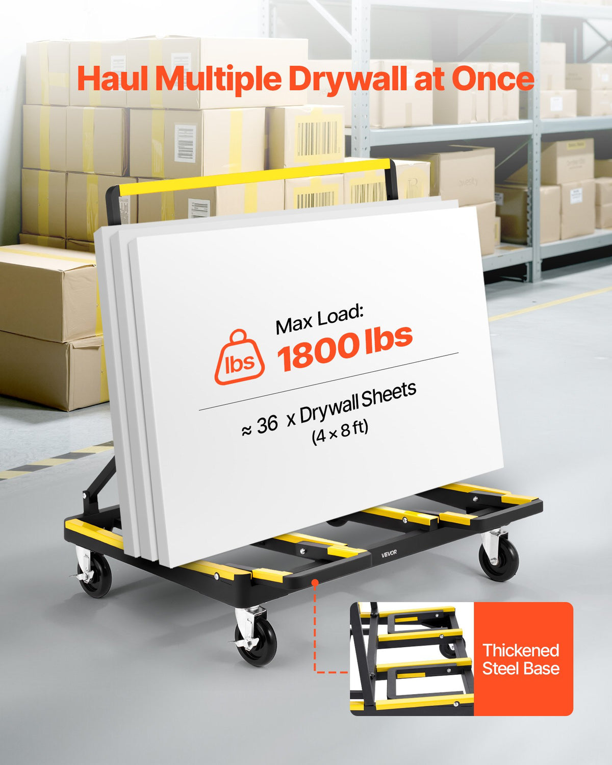 VEVOR Drywall Cart Dolly, 816 kg Load Capacity, Steel Panel Dolly with 4 Swivel Casters & Expandable Deck, Foldable Panel Truck Cart with Tie-Down Strap for Handling Plywood, Plasterboard, Glass