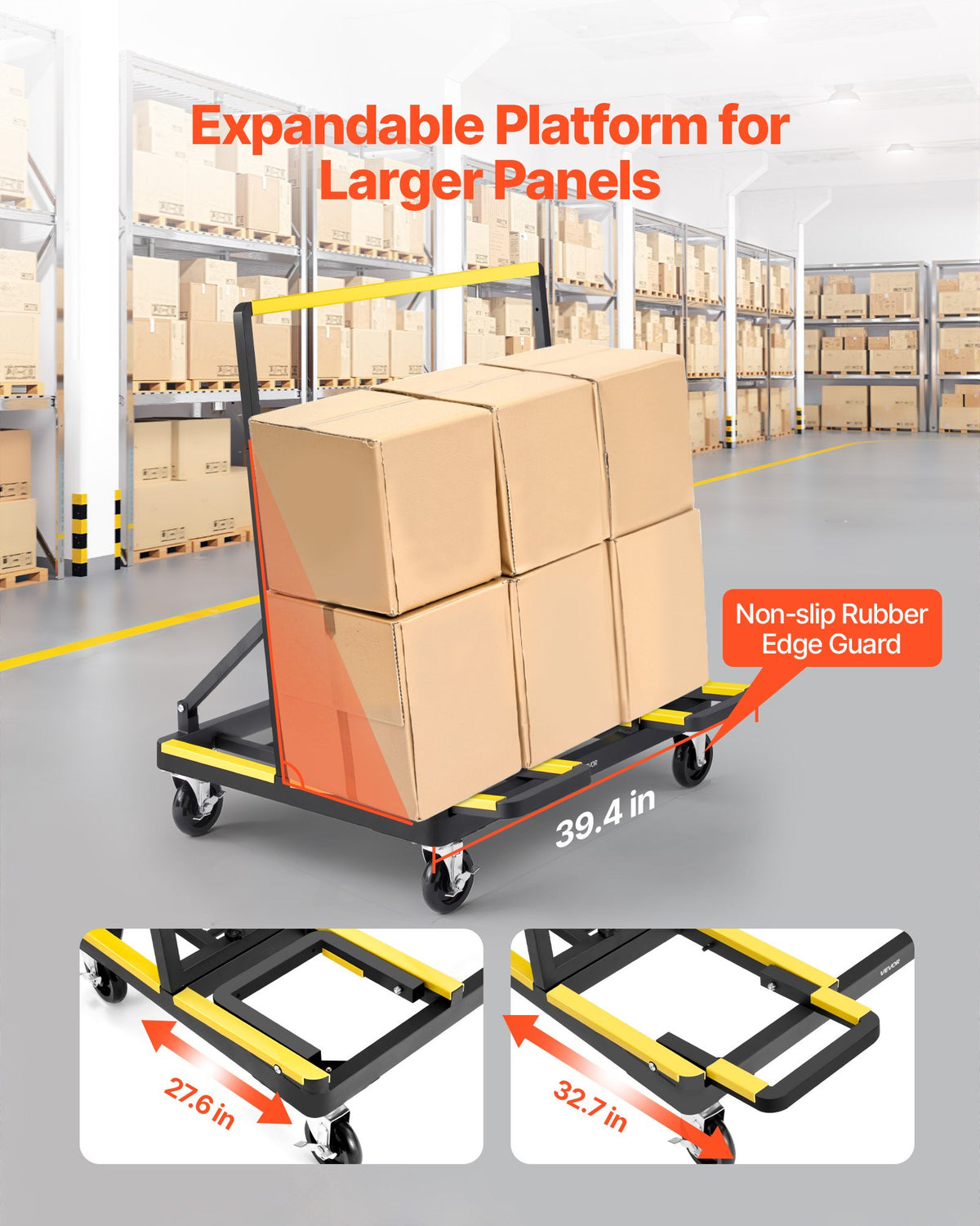 VEVOR Drywall Cart Dolly, 816 kg Load Capacity, Steel Panel Dolly with 4 Swivel Casters & Expandable Deck, Foldable Panel Truck Cart with Tie-Down Strap for Handling Plywood, Plasterboard, Glass