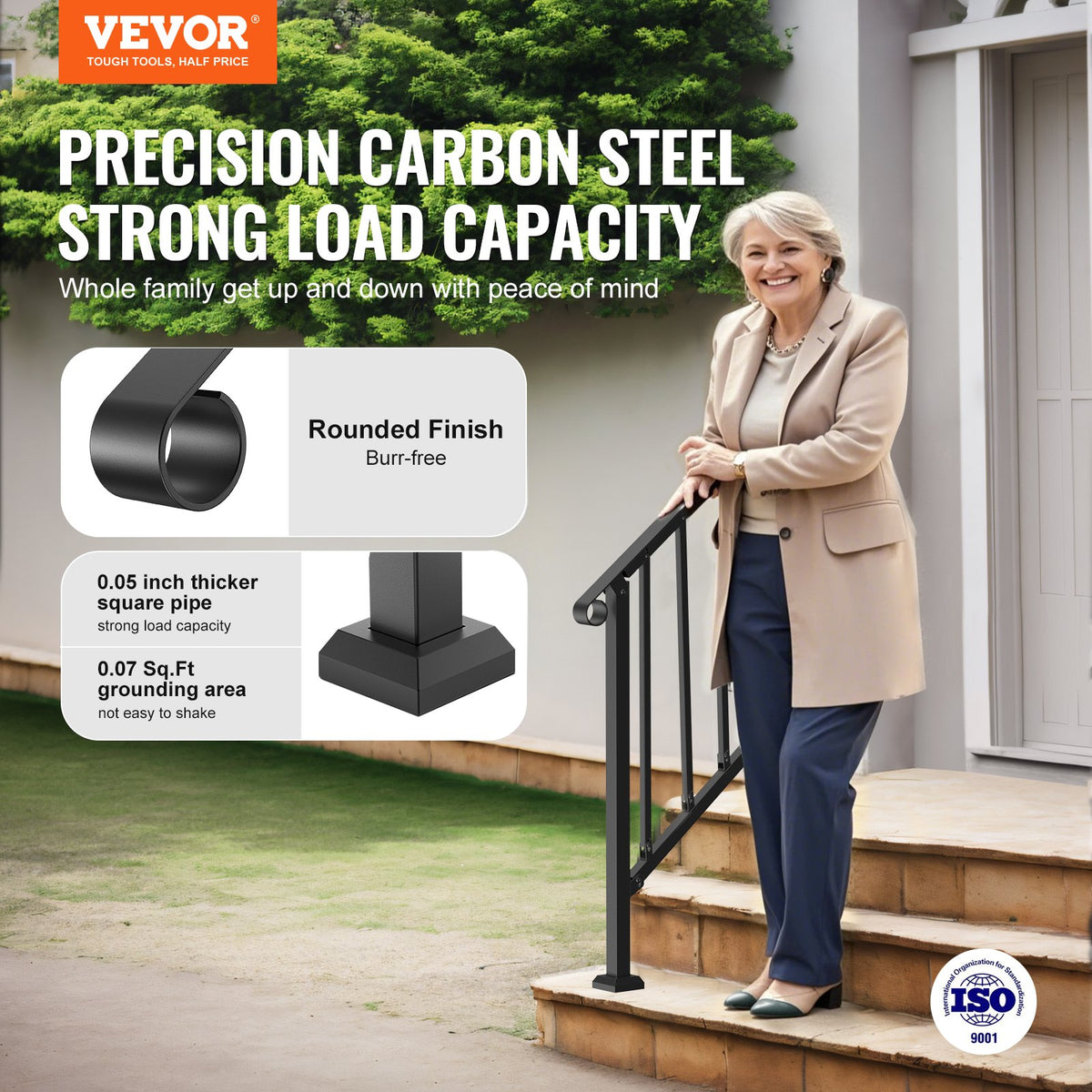 VEVOR Handrails for Outdoor Steps, 2-3 Step Stair Hand Rail Kit, Transitional Carbon Steel Railings with Installation Kit, Stair Rails for Seniors, Concrete Steps & Porch & Deck, Black Retro Arch