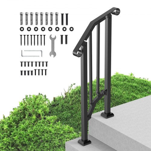 VEVOR Handrails for Outdoor Steps, 1-2 Step Stair Hand Rail Kit, Transitional Carbon Steel Railings with Installation Kit, Stair Rails for Seniors, Concrete Steps & Porch & Deck, Black Retro Arch