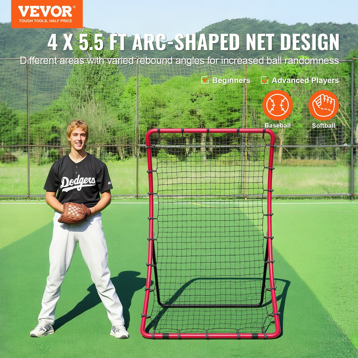 VEVOR Baseball And Softball Rebounder Net, 4 x 5.5 ft PitchBack Baseball Pitching Nest, Pitch Return Trainer Rebound Net with Pitching Target, All Angle Fielding Rebound Net for Grounders Pop Flies