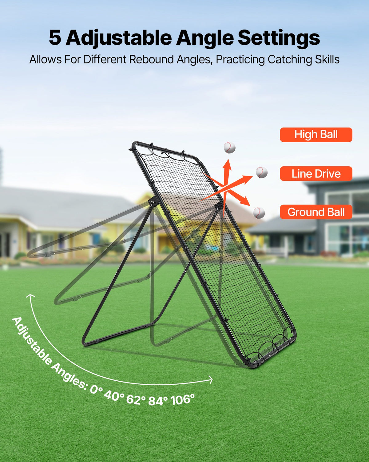 VEVOR Baseball Softball Rebounder Net 1210 x 1730 mm Pitch Back Trainer, 5 Adjustable Angles with Strike Zone Target, Steel Frame, Bounce Back Net for Pitching & Fielding Training, Return Practice