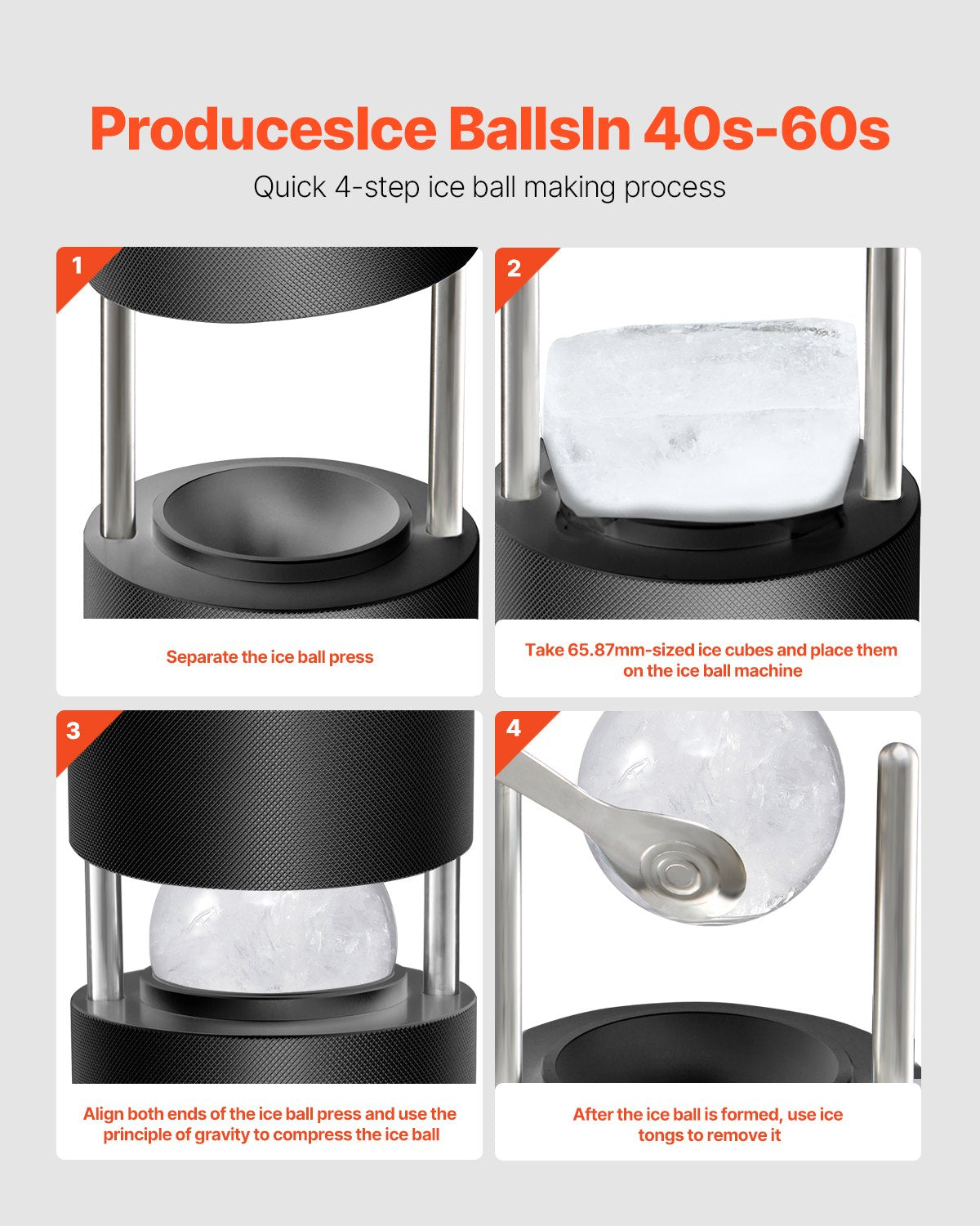 VEVOR Ice Ball Press Kit, Aviation Aluminum Ice Press with Ice Block Mold, Large Mat, Tong, Drip Tray, One Glass, Round Ice Ball Maker 2.4"/60 mm Ice Sphere, for Whiskey, Cocktail on Party & Holiday