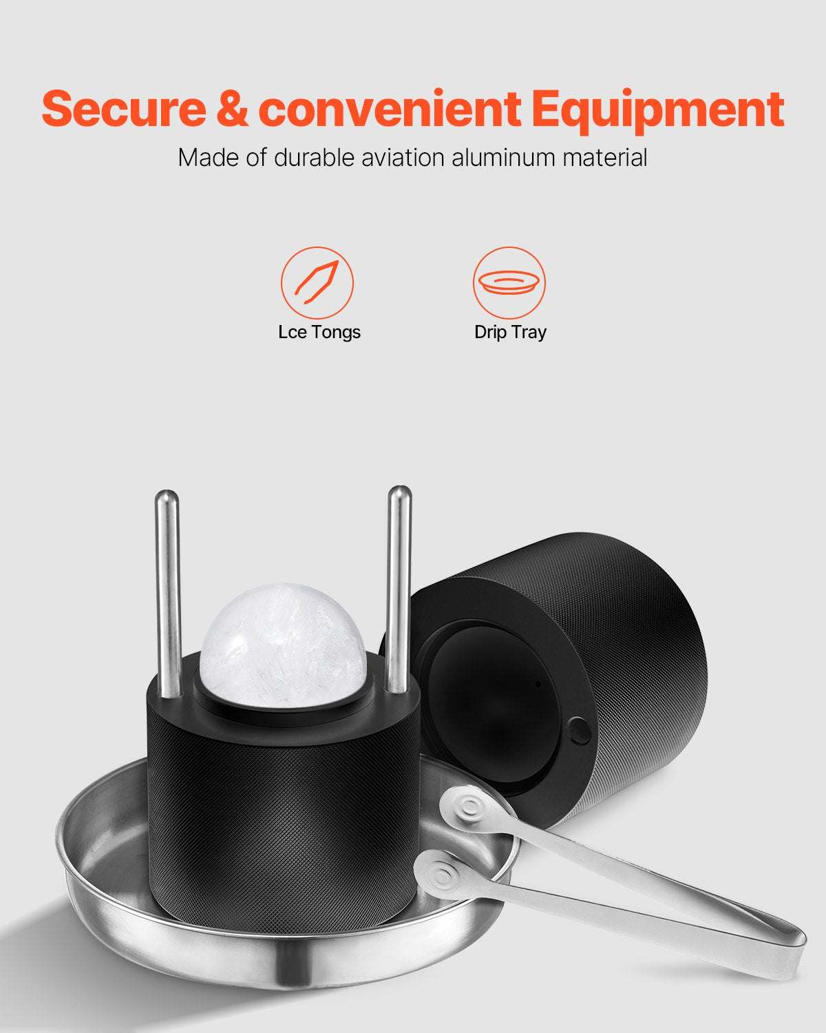 VEVOR Ice Ball Press Kit, Aviation Aluminum Ice Press with Ice Block Mold, Large Mat, Tong, Drip Tray, One Glass, Round Ice Ball Maker 2.4"/60 mm Ice Sphere, for Whiskey, Cocktail on Party & Holiday