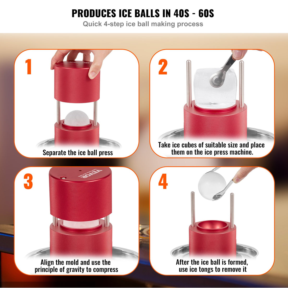 VEVOR Ice Ball Press, 2.4" Ice Ball Maker, Aircraft Al Alloy Ice Ball Press Kit for 60mm Ice Sphere, Ice Press with Tong and Drip Tray, for Whiskey, Cocktail, Bourbon, Scot on Party & Holiday, Red