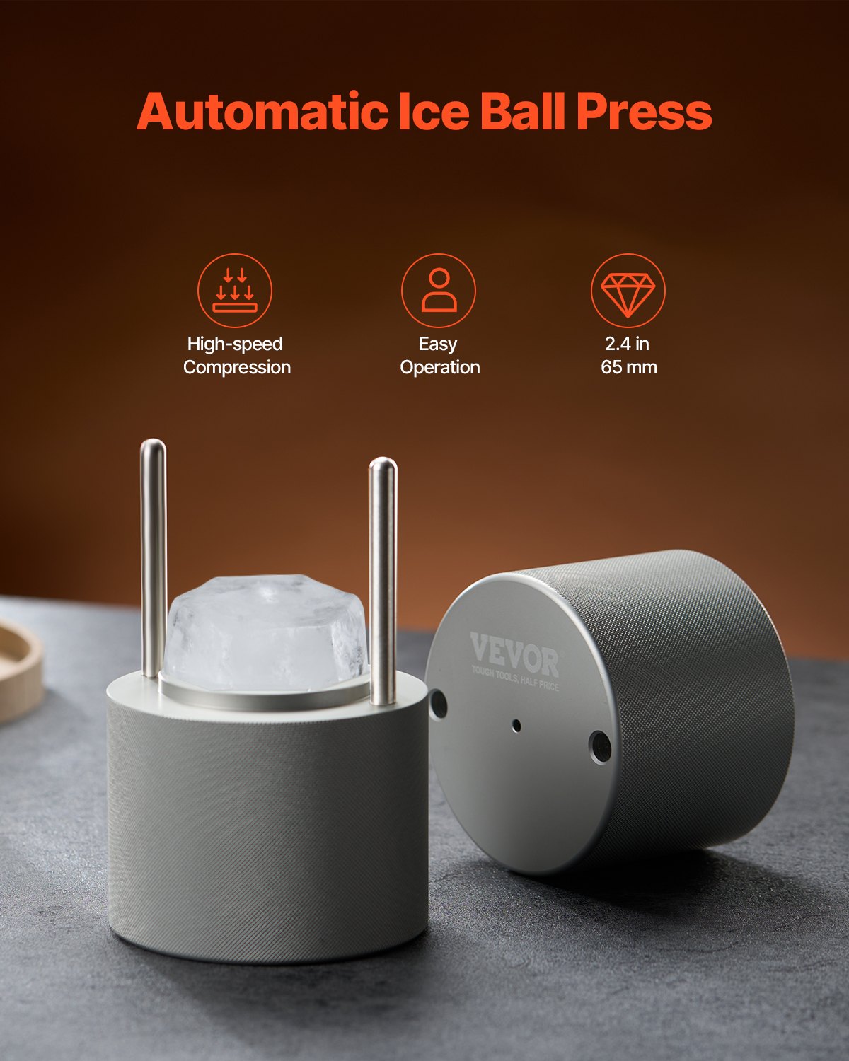 VEVOR Ice Diamond Press, 2.4" Ice Ball Maker, Aviation Aluminum Diamond Ice Ball Press Kit for Ice Diamond, Ice Press with Tong and Drip Tray, for Whiskey, Cocktail, Bourbon, Scot on Party & Holiday