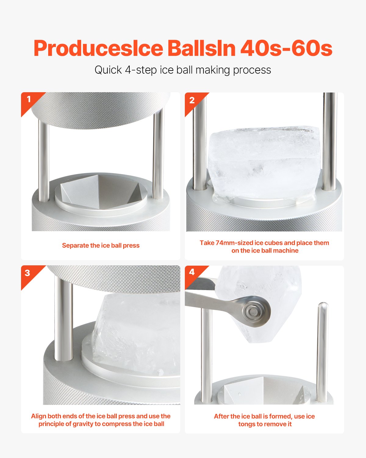 VEVOR Ice Diamond Press, 2.4" Ice Ball Maker, Aviation Aluminum Diamond Ice Ball Press Kit for Ice Diamond, Ice Press with Tong and Drip Tray, for Whiskey, Cocktail, Bourbon, Scot on Party & Holiday