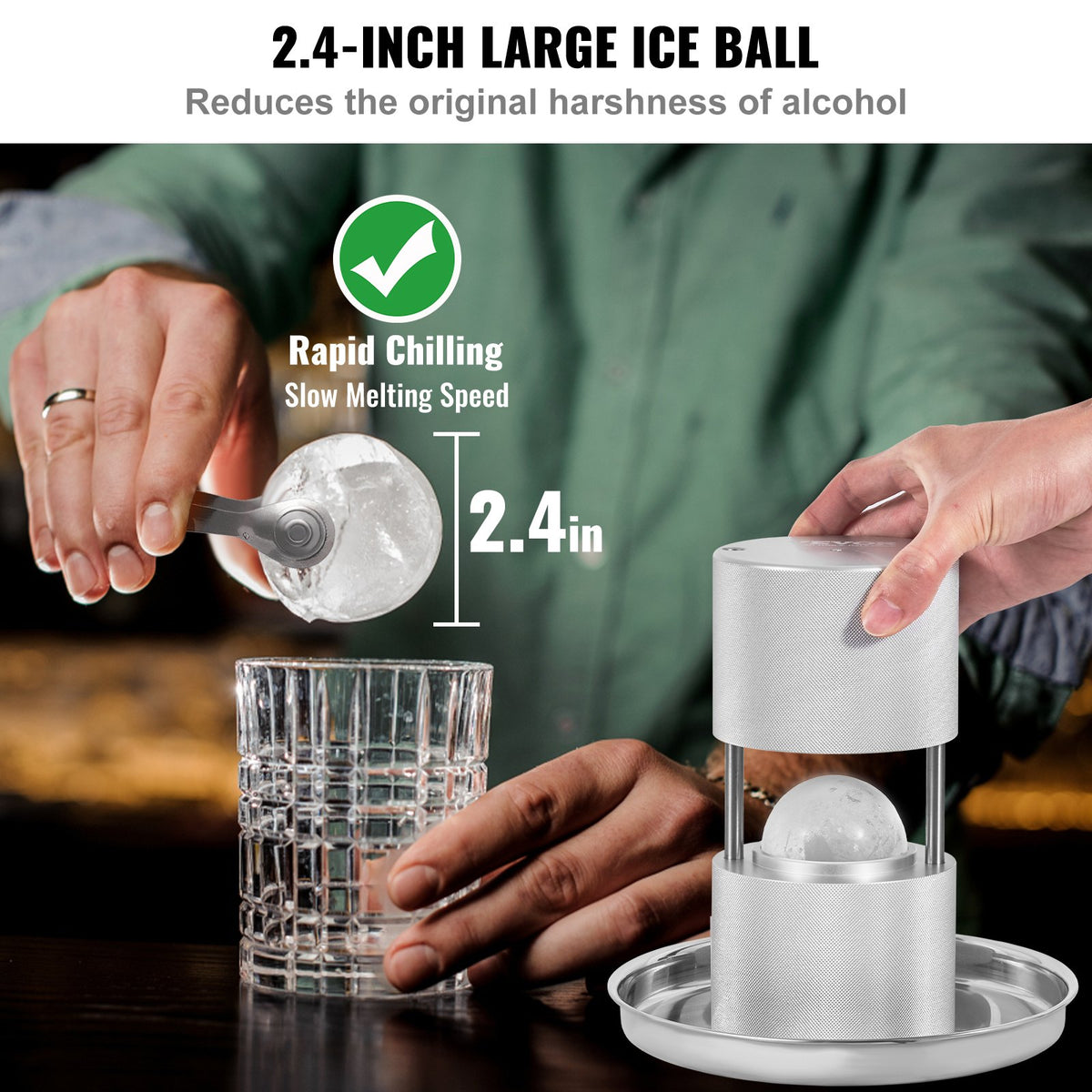 VEVOR Ice Ball Press Kit, Aircraft Al Alloy Ice Press with Ice Block Mold, Large Mat, Tong, Drip Tray, One Glass, Round Ice Ball Maker 2.4"/60 mm Ice Sphere, for Whiskey, Cocktail on Party & Holiday