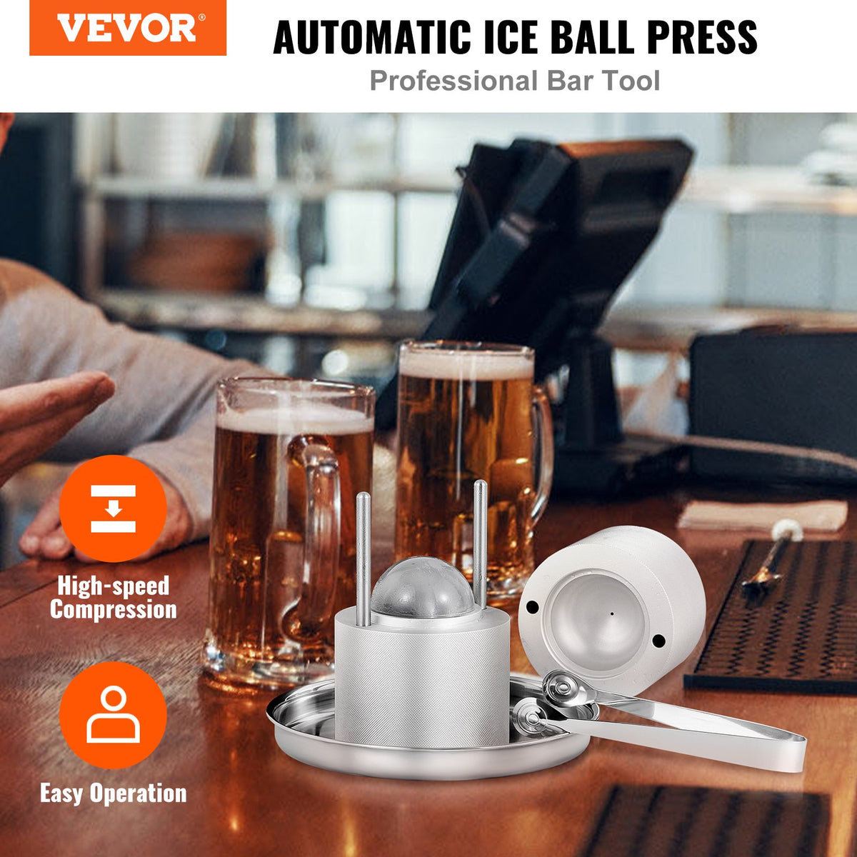 VEVOR Ice Ball Press, 2.4" Ice Ball Maker, Aircraft Al Alloy Ice Ball Press Kit for 60mm Ice Sphere, Ice Press with Tong and Drip Tray, for Whiskey, Cocktail, Bourbon, Scot on Party & Holiday, Silver