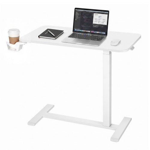 VEVOR Overbed Table 800 x 400 mm Mobile Bedside Table with Hidden Wheels, for Home Office Bed Couch, Height Adjustable Rolling Laptop Desk, Hydraulic Portable Standing Cart with Cup Holder, White