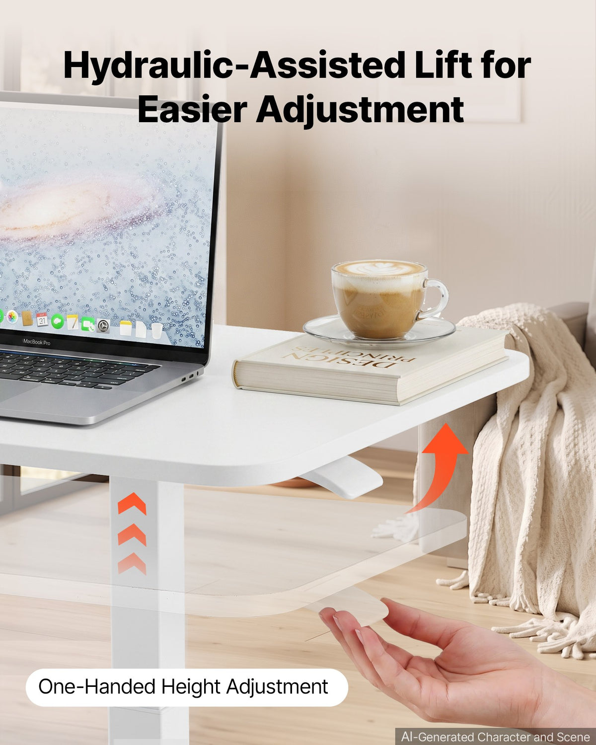 VEVOR Overbed Table 800 x 400 mm Mobile Bedside Table with Hidden Wheels, for Home Office Bed Couch, Height Adjustable Rolling Laptop Desk, Hydraulic Portable Standing Cart with Cup Holder, White