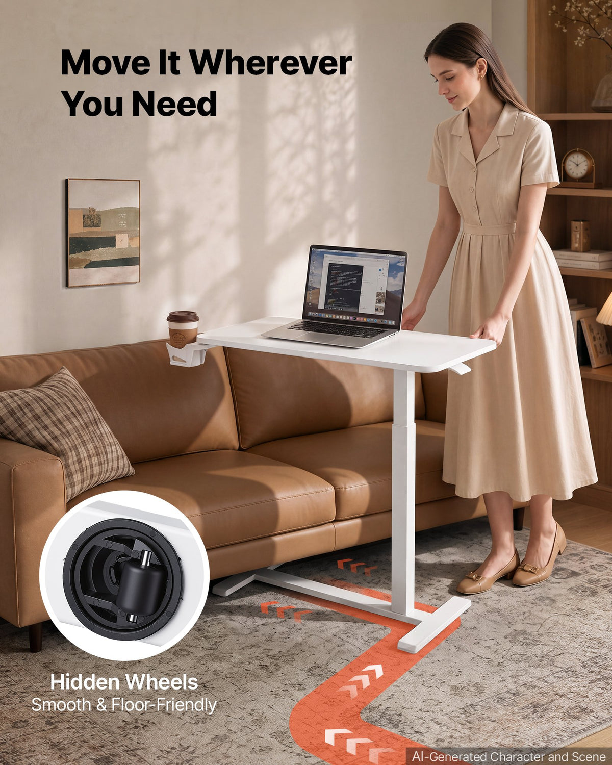 VEVOR Overbed Table 800 x 400 mm Mobile Bedside Table with Hidden Wheels, for Home Office Bed Couch, Height Adjustable Rolling Laptop Desk, Hydraulic Portable Standing Cart with Cup Holder, White
