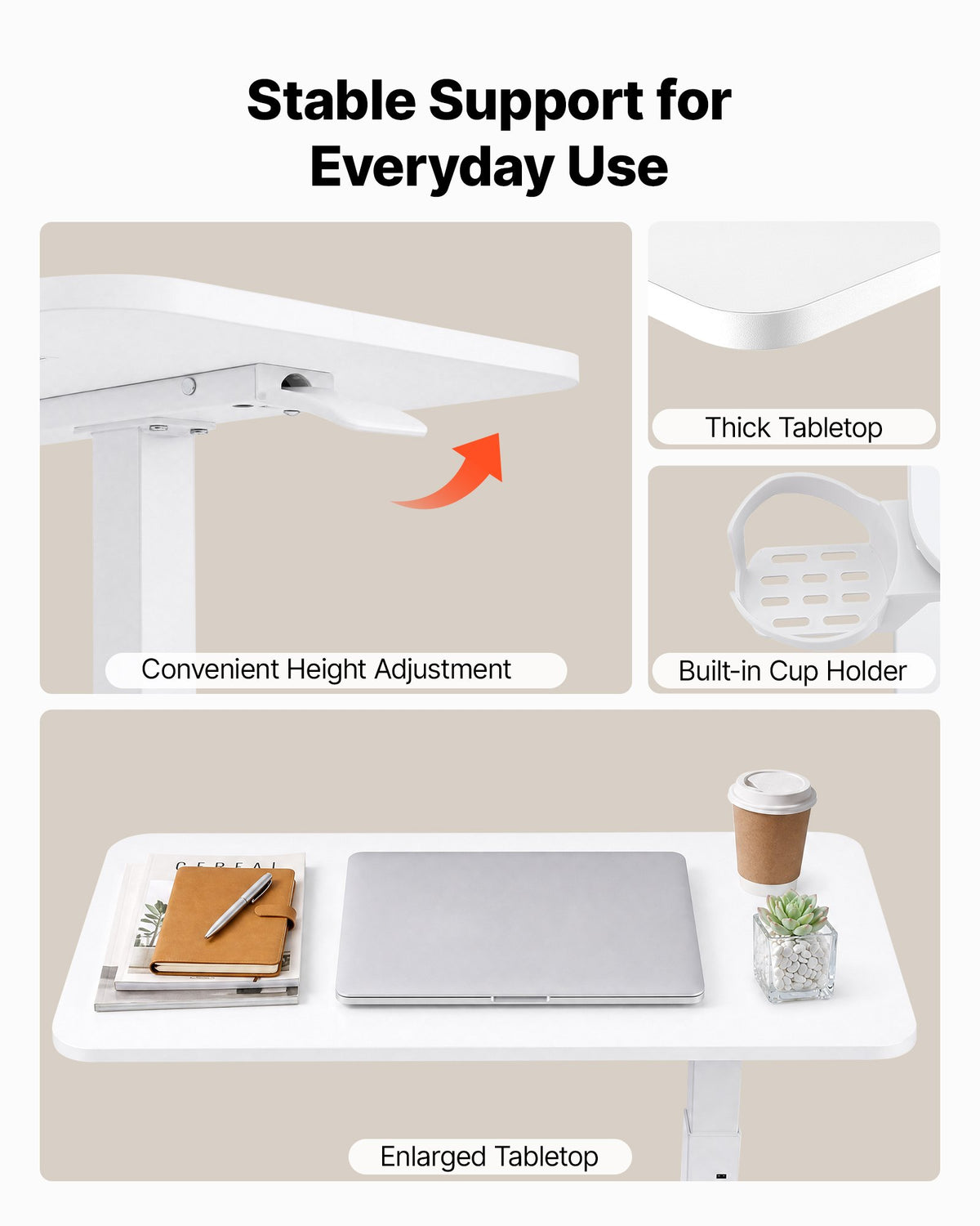 VEVOR Overbed Table 800 x 400 mm Mobile Bedside Table with Hidden Wheels, for Home Office Bed Couch, Height Adjustable Rolling Laptop Desk, Hydraulic Portable Standing Cart with Cup Holder, White