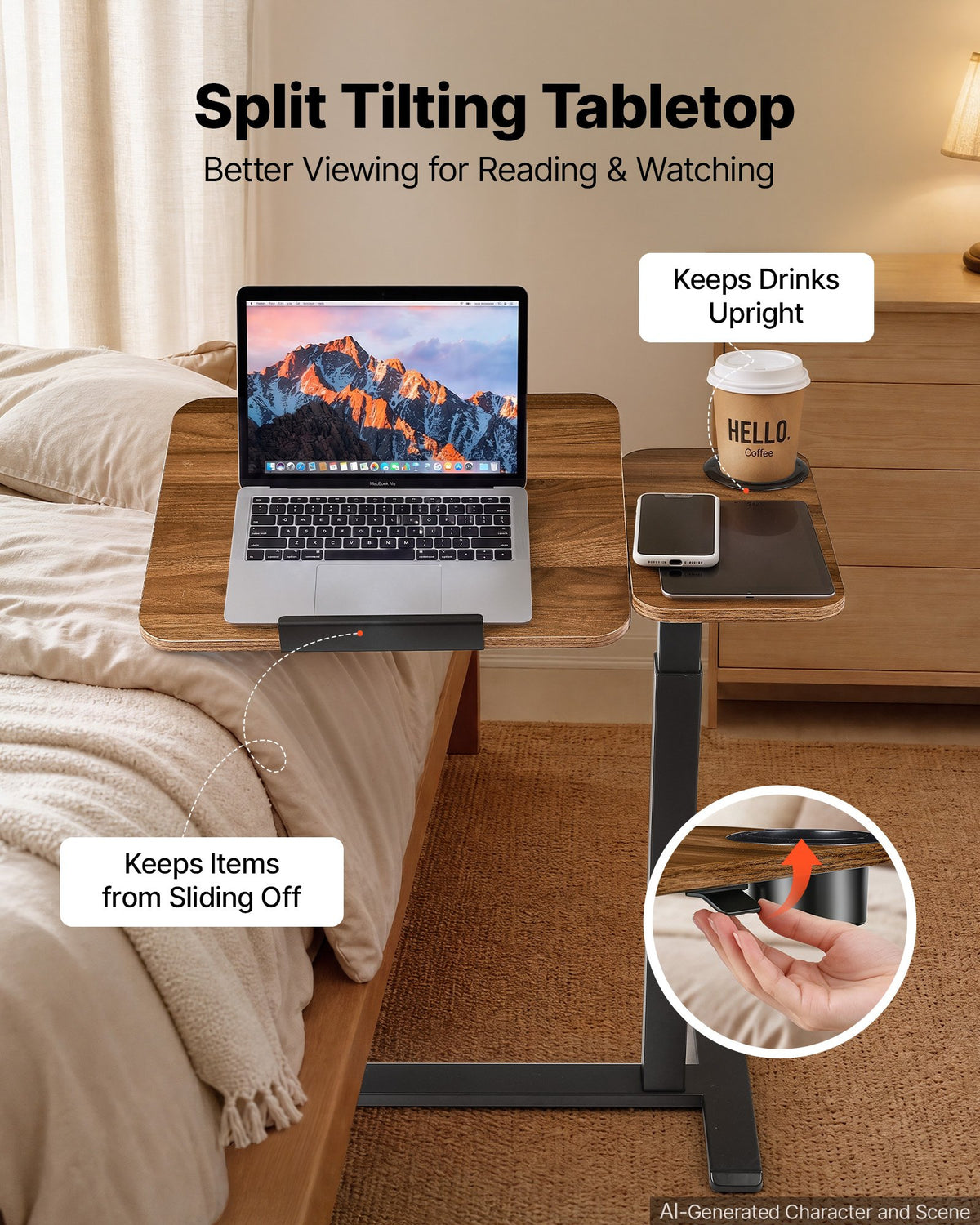 VEVOR Overbed Table 700 x 400 mm Mobile Bedside Table with Hidden Wheels, for Home Office Bed Couch, Height Adjustable Rolling Laptop Desk, Standing Cart with Tilting Desktop & Cup Holder, Brown