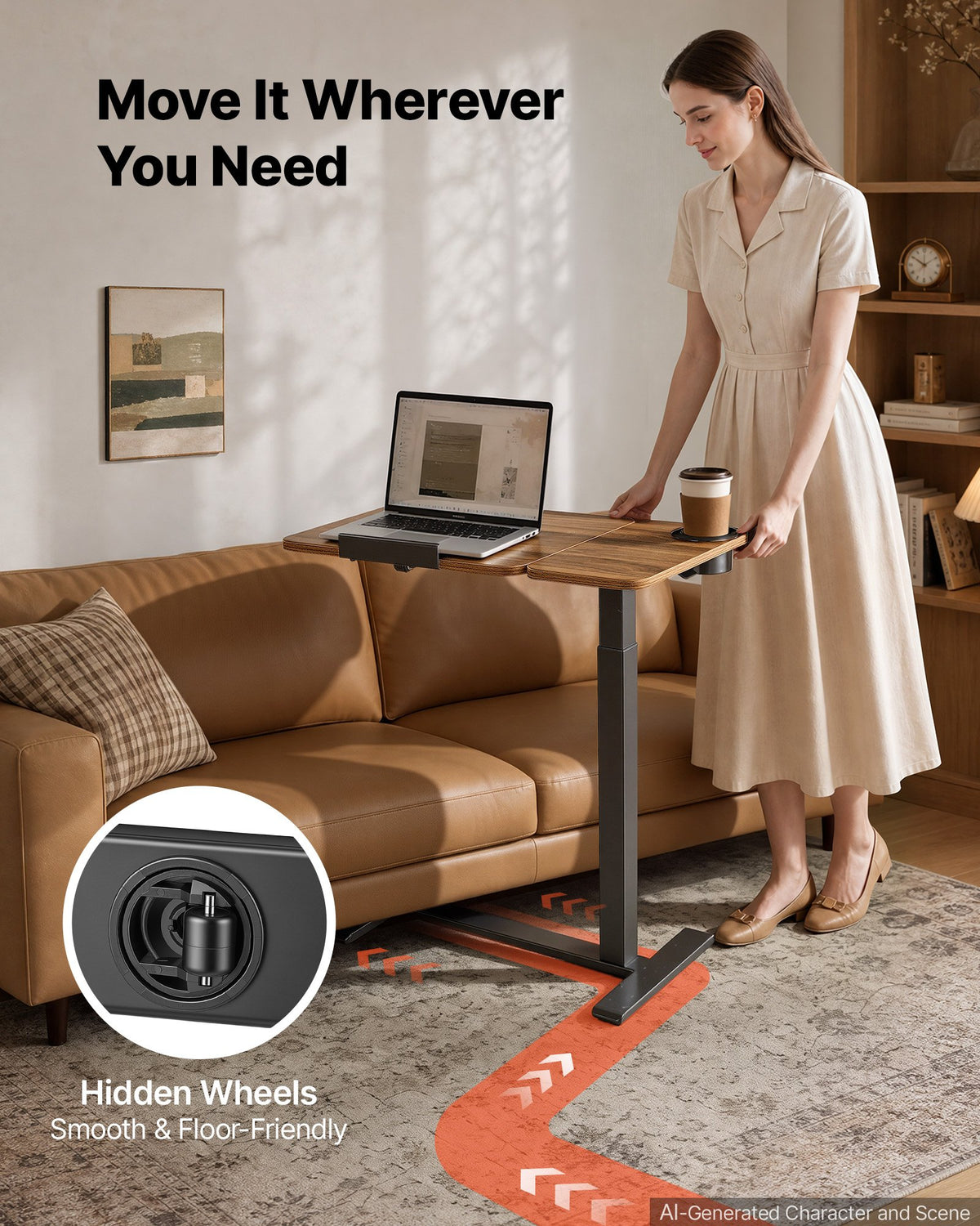 VEVOR Overbed Table 700 x 400 mm Mobile Bedside Table with Hidden Wheels, for Home Office Bed Couch, Height Adjustable Rolling Laptop Desk, Standing Cart with Tilting Desktop & Cup Holder, Brown