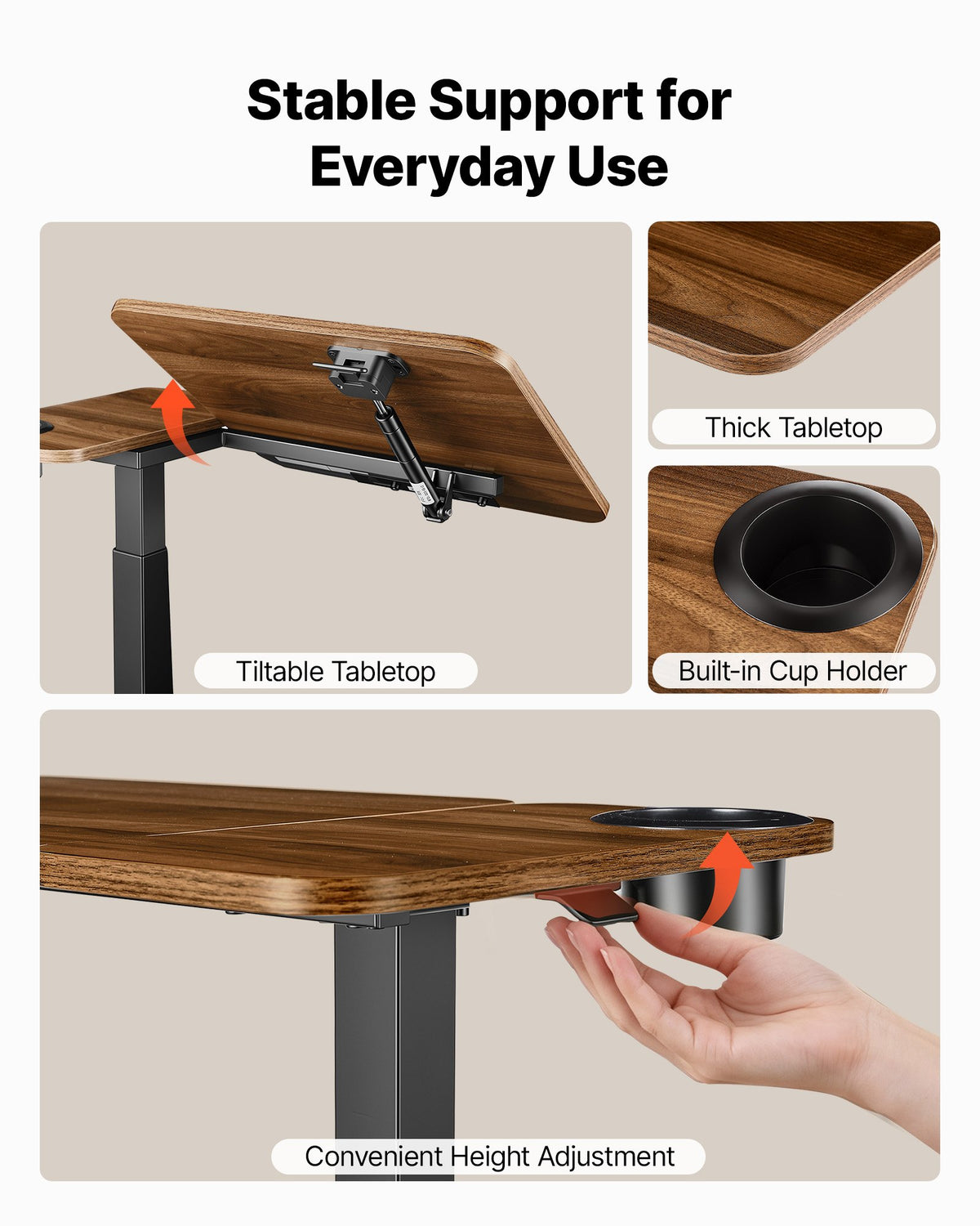 VEVOR Overbed Table 700 x 400 mm Mobile Bedside Table with Hidden Wheels, for Home Office Bed Couch, Height Adjustable Rolling Laptop Desk, Standing Cart with Tilting Desktop & Cup Holder, Brown