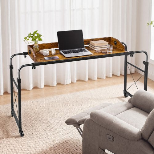 VEVOR Overbed Table 1060 x 360 mm Mobile Over Bed Desk with Swivel Wheels, for Bedroom Living Room Home Office, Adjustable Height & Length, Rolling Table with Side Storage Pocket & Raised Edge, Brown