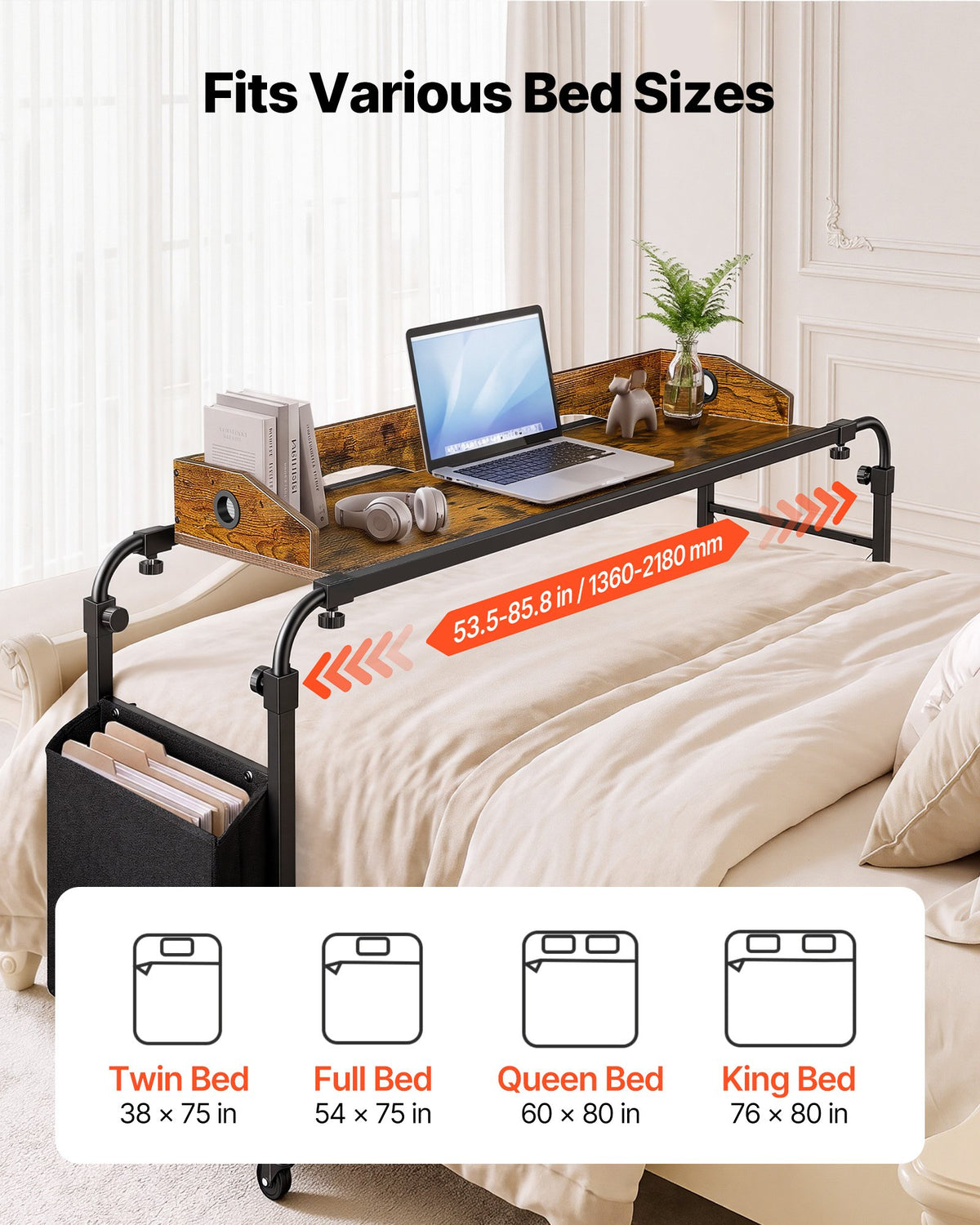 VEVOR Overbed Table 1060 x 360 mm Mobile Over Bed Desk with Swivel Wheels, for Bedroom Living Room Home Office, Adjustable Height & Length, Rolling Table with Side Storage Pocket & Raised Edge, Brown