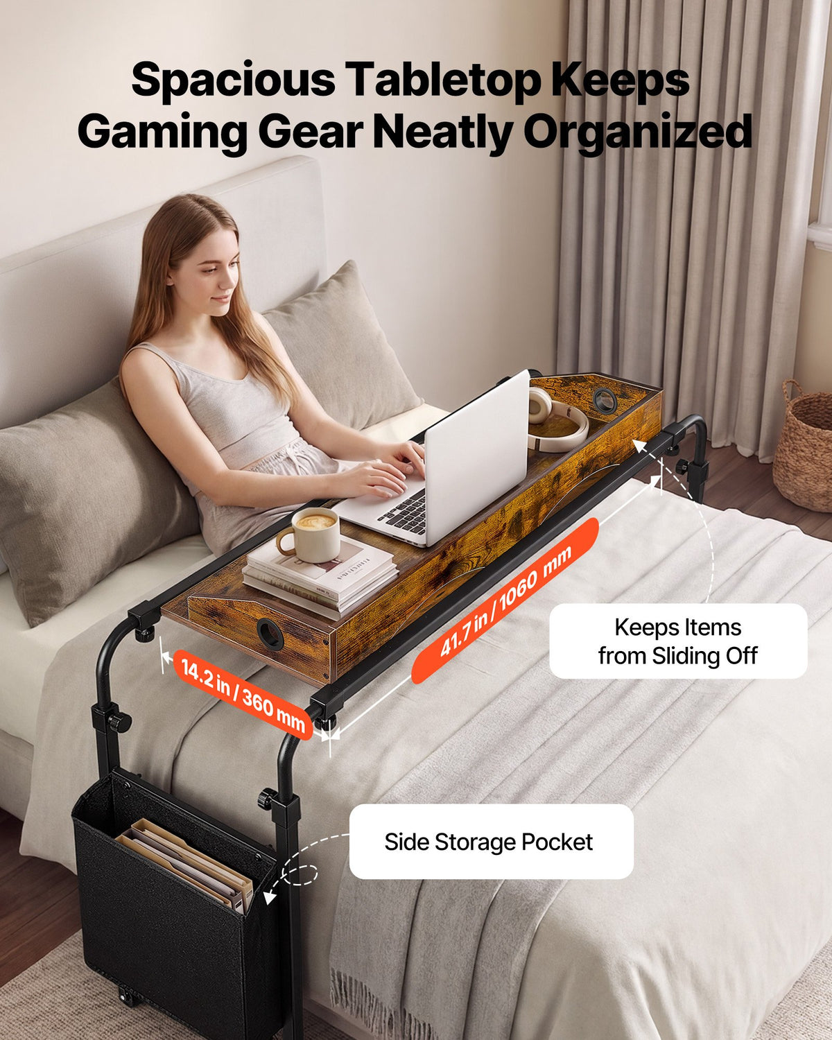 VEVOR Overbed Table 1060 x 360 mm Mobile Over Bed Desk with Swivel Wheels, for Bedroom Living Room Home Office, Adjustable Height & Length, Rolling Table with Side Storage Pocket & Raised Edge, Brown