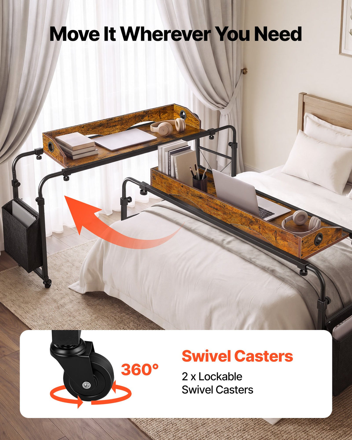 VEVOR Overbed Table 1060 x 360 mm Mobile Over Bed Desk with Swivel Wheels, for Bedroom Living Room Home Office, Adjustable Height & Length, Rolling Table with Side Storage Pocket & Raised Edge, Brown