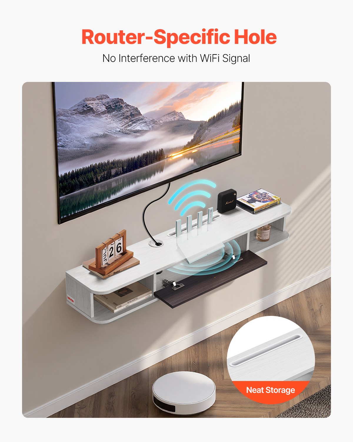 VEVOR Floating TV Stand, 47 in Wall Mount Entertainment Center with Cable Hole, Modern Floating TV Shelf with Storage Cabinet, Particle Board Console for DVD Player, Cable Box, Game Console, White