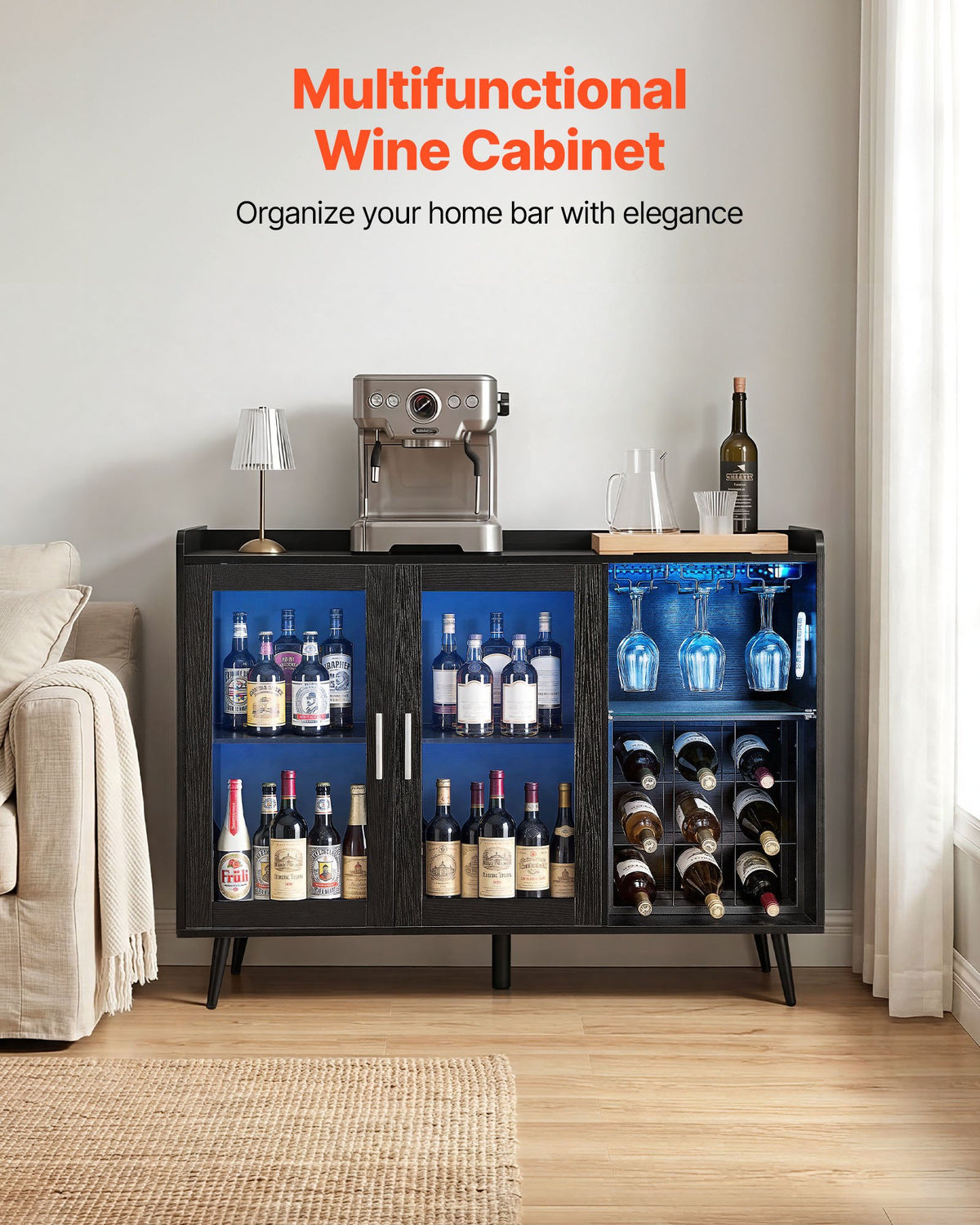 VEVOR Wine Cabinet, Coffee Bar Cabinet with 9 Wine Bottle Racks, Modern Buffet Sideboard with Glass Holder, Adjustable LED Brightness, for Home Kitchen, Living Room, Dining Room, Black Wood Grain