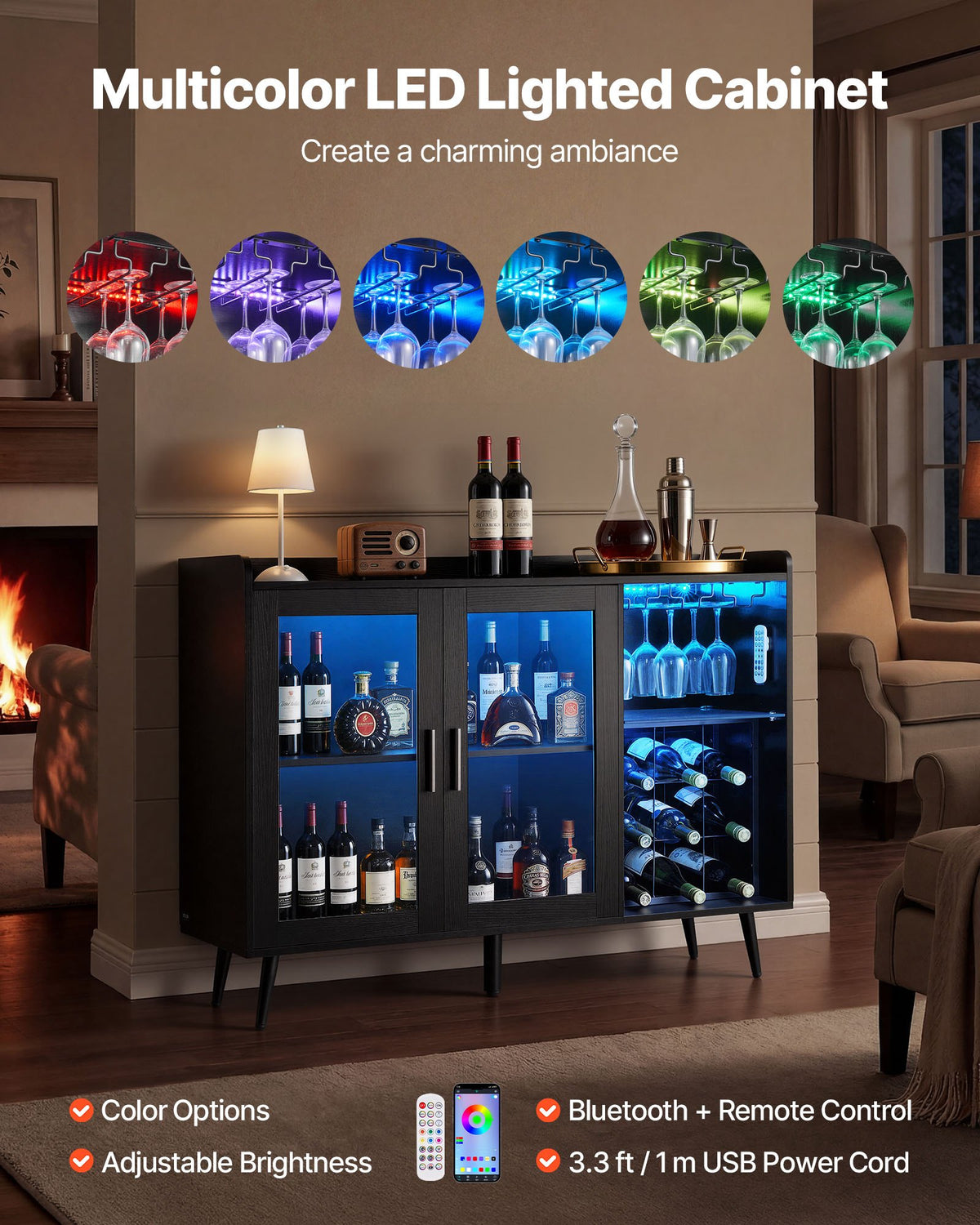 VEVOR Wine Cabinet, Coffee Bar Cabinet with 9 Wine Bottle Racks, Modern Buffet Sideboard with Glass Holder, Adjustable LED Brightness, for Home Kitchen, Living Room, Dining Room, Black Wood Grain