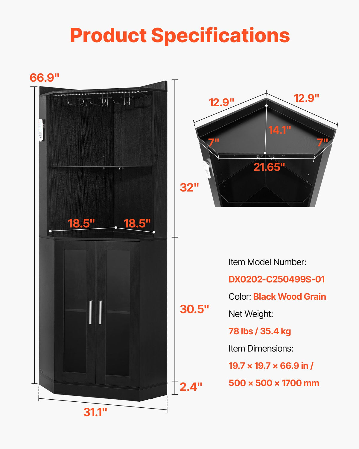 VEVOR Corner Wine Cabinet, Bar Cabinet with Ample Storage, Modern Buffet Sideboard with Glass Holder, Adjustable LED Brightness, Anti-Tip Strap, for Home Kitchen, Living Room, Dining Room, Black Wood