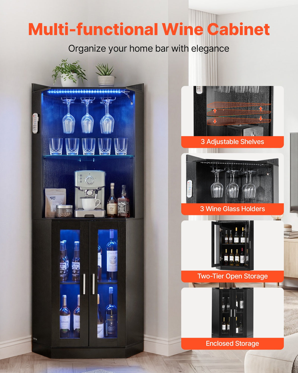 VEVOR Corner Wine Cabinet, Bar Cabinet with Ample Storage, Modern Buffet Sideboard with Glass Holder, Adjustable LED Brightness, Anti-Tip Strap, for Home Kitchen, Living Room, Dining Room, Black Wood
