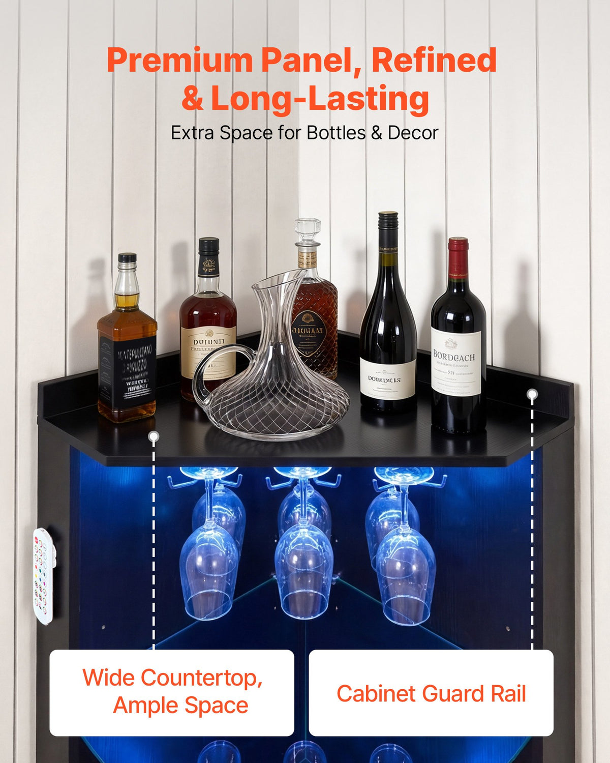 VEVOR Corner Wine Cabinet, Bar Cabinet with Ample Storage, Modern Buffet Sideboard with Glass Holder, Adjustable LED Brightness, Anti-Tip Strap, for Home Kitchen, Living Room, Dining Room, Black Wood
