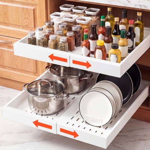 VEVOR Pull Out Cabinet Organizer, 2 Pack Expandable Width (310-480 mm), 520 mm Deep Pull Out Drawers for Cabinets, Sliding Drawer for Kitchen Pantry Cabinet Organizer with Nano Adhesive Strips, White