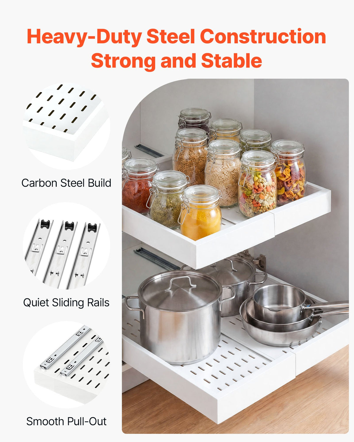 VEVOR Pull Out Cabinet Organizer, 2 Pack Expandable Width (310-480 mm), 520 mm Deep Pull Out Drawers for Cabinets, Sliding Drawer for Kitchen Pantry Cabinet Organizer with Nano Adhesive Strips, White
