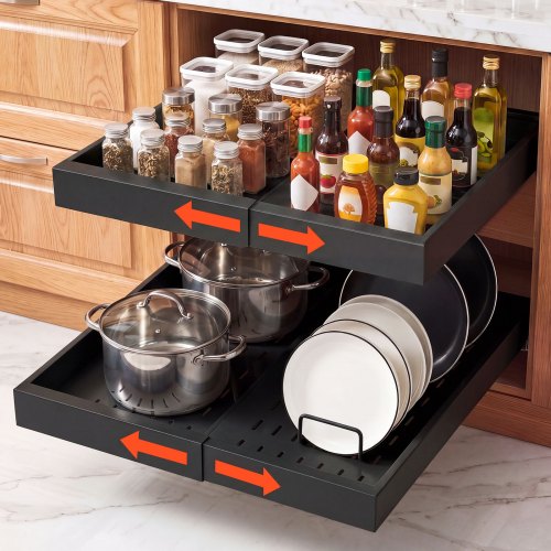 VEVOR Pull Out Cabinet Organizer, 2 Pack Expandable Width (310-480 mm), 520 mm Deep Pull Out Drawers for Cabinets, Sliding Drawer for Kitchen Pantry Cabinet Organizer with Nano Adhesive Strips, Black