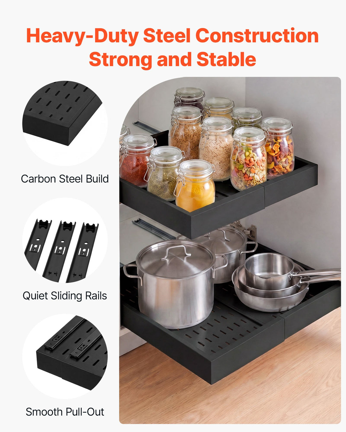 VEVOR Pull Out Cabinet Organizer, 2 Pack Expandable Width (310-480 mm), 520 mm Deep Pull Out Drawers for Cabinets, Sliding Drawer for Kitchen Pantry Cabinet Organizer with Nano Adhesive Strips, Black