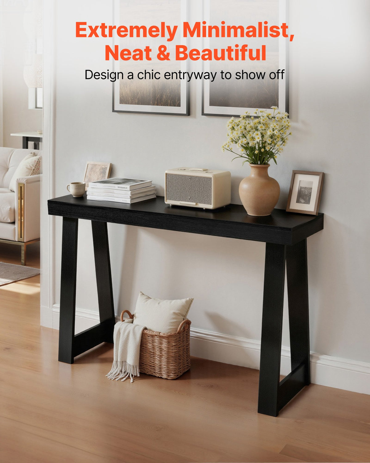 VEVOR 118 cm Console Table, Modern Desk Behind the Couch, Wooden Rectangle Entrance Desk, Narrow Long Sofa Table Accent Stand for Hallway, Bedroom, Living Room, Foyer, Easy Assembly, Black