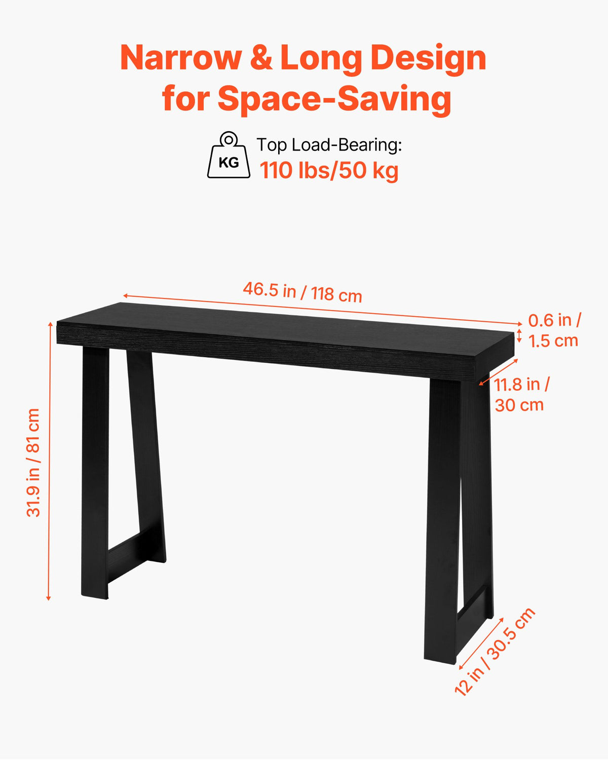 VEVOR 118 cm Console Table, Modern Desk Behind the Couch, Wooden Rectangle Entrance Desk, Narrow Long Sofa Table Accent Stand for Hallway, Bedroom, Living Room, Foyer, Easy Assembly, Black