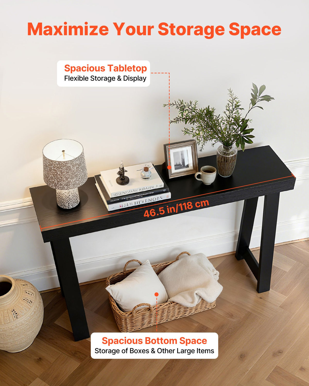 VEVOR 118 cm Console Table, Modern Desk Behind the Couch, Wooden Rectangle Entrance Desk, Narrow Long Sofa Table Accent Stand for Hallway, Bedroom, Living Room, Foyer, Easy Assembly, Black