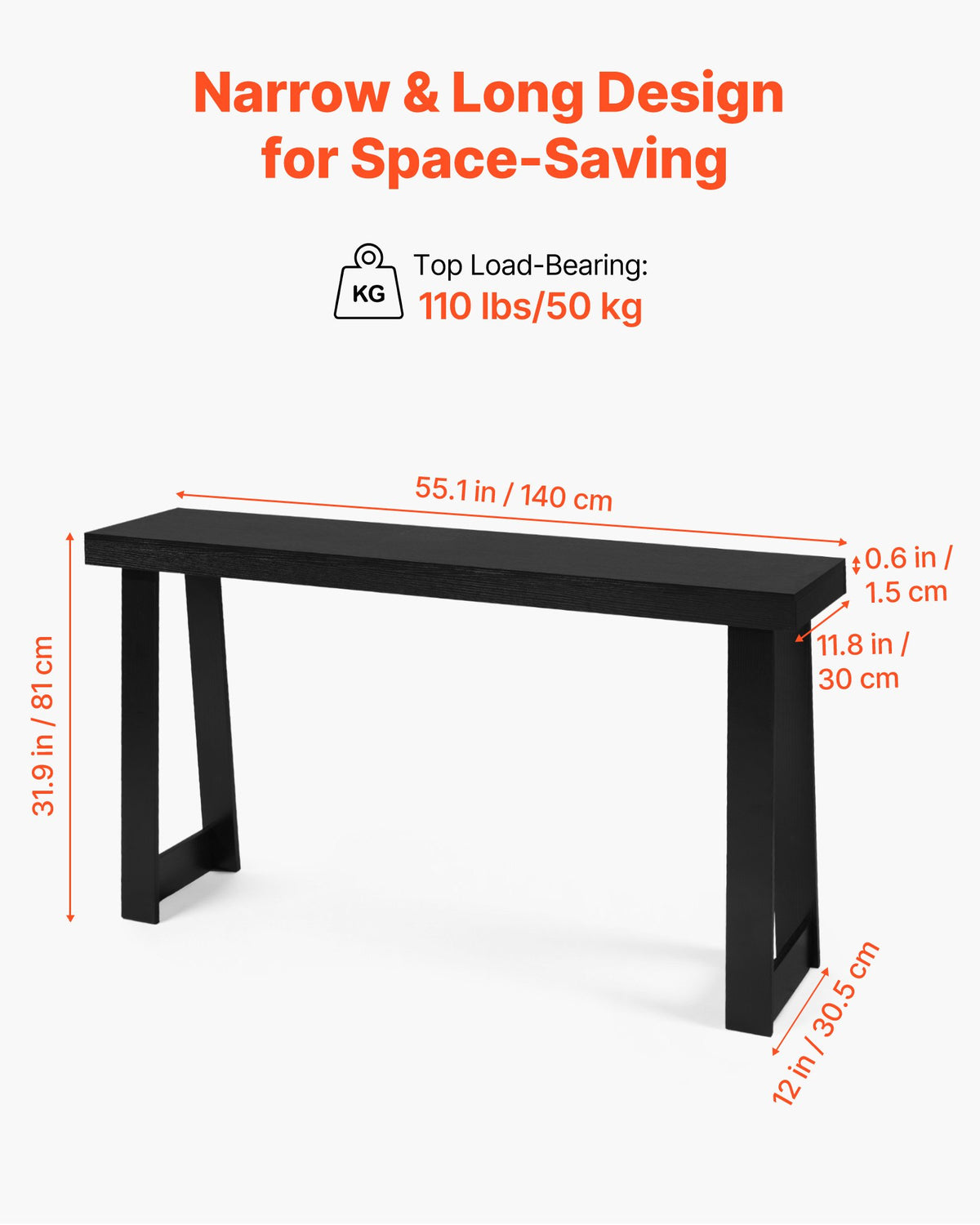 VEVOR 140 cm Console Table, Modern Desk Behind the Couch, Wooden Rectangle Entrance Desk, Narrow Long Sofa Table Accent Stand, Ideal for Hallway, Bedroom, Living Room, Foyer, Easy Assembly, Black