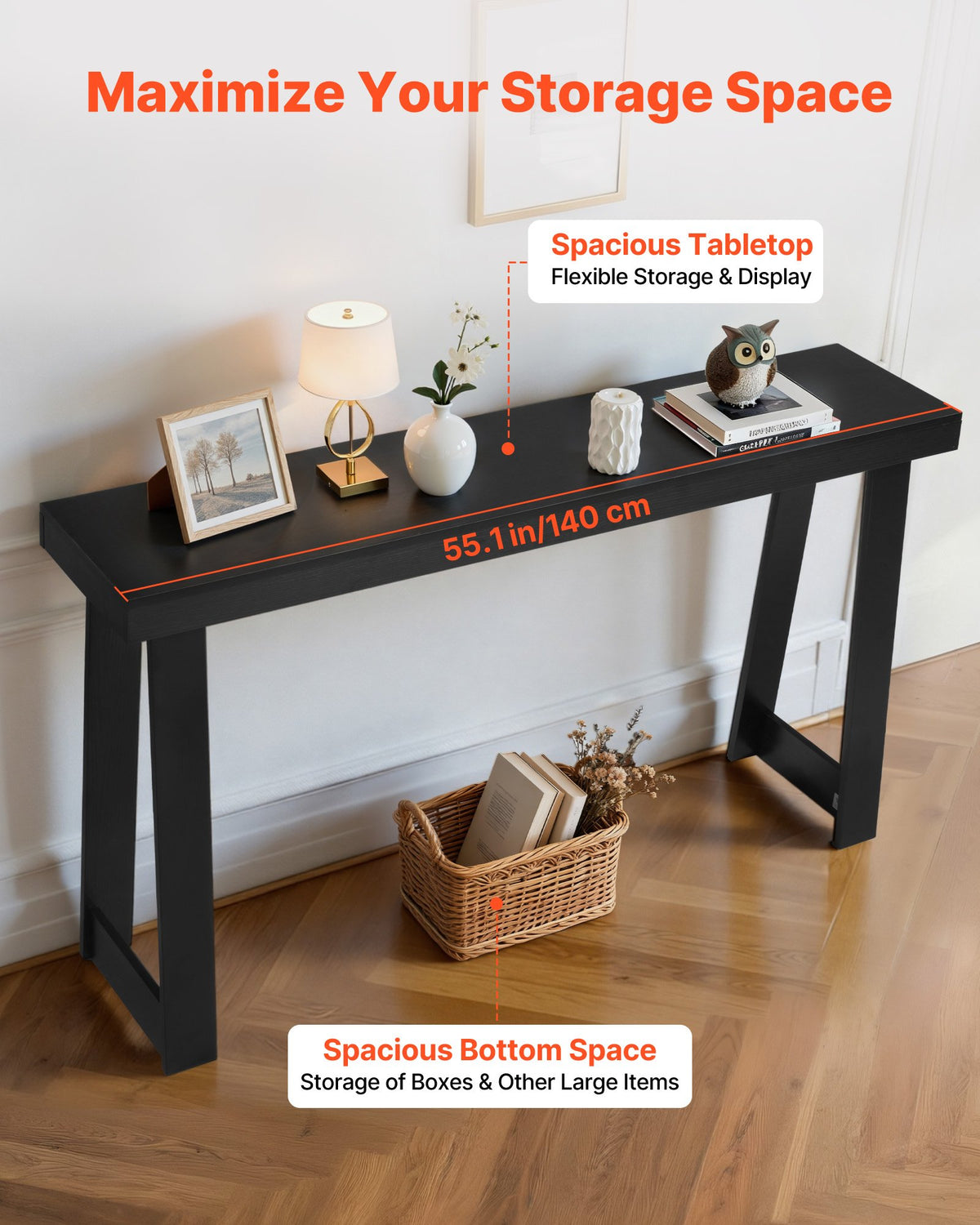 VEVOR 140 cm Console Table, Modern Desk Behind the Couch, Wooden Rectangle Entrance Desk, Narrow Long Sofa Table Accent Stand, Ideal for Hallway, Bedroom, Living Room, Foyer, Easy Assembly, Black