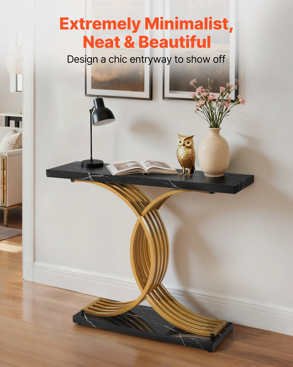 VEVOR 100 cm Gold Console Table, Modern Desk Behind the Couch, Wood Rectangle Entrance Desk, Narrow Long Sofa Table Accent Stand with Metal Legs for Hallway, Bedroom, Living Room, Foyer, Easy Assembly